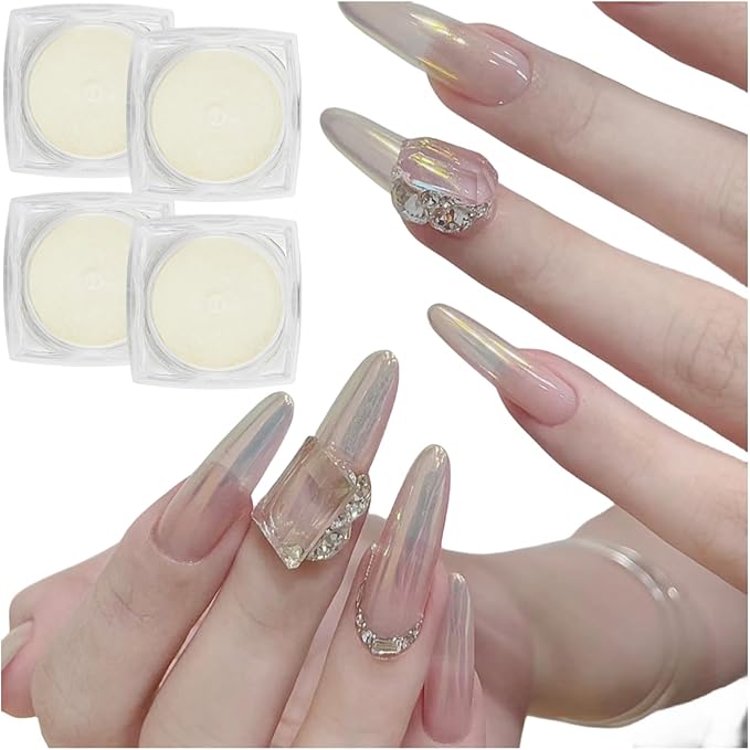 White Pearl Nail Powder, 4Pcs Iridescent Aurora Powder, Mermaid Metallic Mirror Effect Pigment Pearlescent Nail Chrome Powder