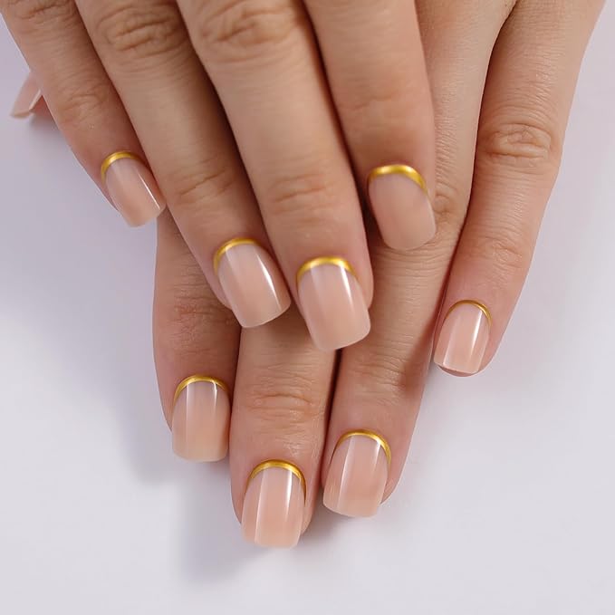 Short Press On Nails Square, Nude Fake Nails with Graceful Golden Curve at the Base, Glossy Gel Finish Acrylic Nails, Natural Reusable Glue On Nails Kit for Women, 15 Sizes - 30Pcs, Graceful Edge