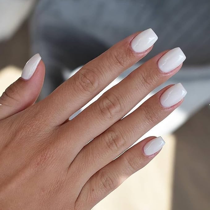 All White Press On Nails Short Square Nails Press on Acrylic Nails for Women, KQueenest Solid Color Glue on Nails Short Fake Nails for Girls Thick Press on Gel Nails Petite Come-Ready Glazed Nails