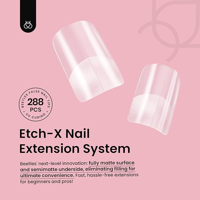 Beetles Short Square Nail Tips, 12 Sizes 288pcs French Full Matte Soft Pre-shaped Etch X Nail Tips, Full Cover False Nails Fake Acrylic Nails No Filing Needed for Nail Extensions Home DIY Nail Salon