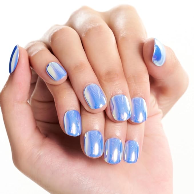 GLAMERMAID Extra Short Press on Nails 24PCS, Handmade Lake Blue Chrome Fall Gel Glue on Nails, Glossy Round Reusable UV Finish Fake Nails Acrylic False Nails Manicure Kits for Women