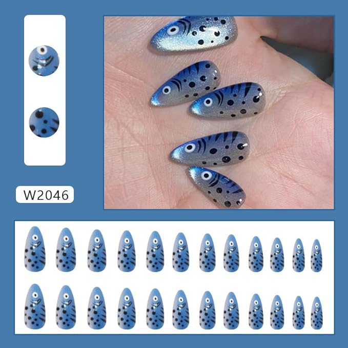 Blue Fish Press on Nails Medium Almond Fake Nails Summer False Nails Press on Ocean Cat Eye Glue on Nails Glossy Acrylic Nail for Women Manicure Art 24Pcs