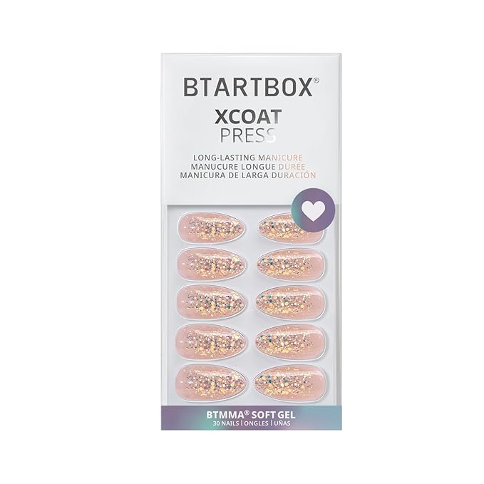 BTArtbox Press On Nails Medium- Christmas Supremely Fit & Natural Soft Gel Glue On Nails with Nail Glue, Reusable Stick On Nails in 15 Sizes - 30 Fake Nails Kit, Pink Sparkle
