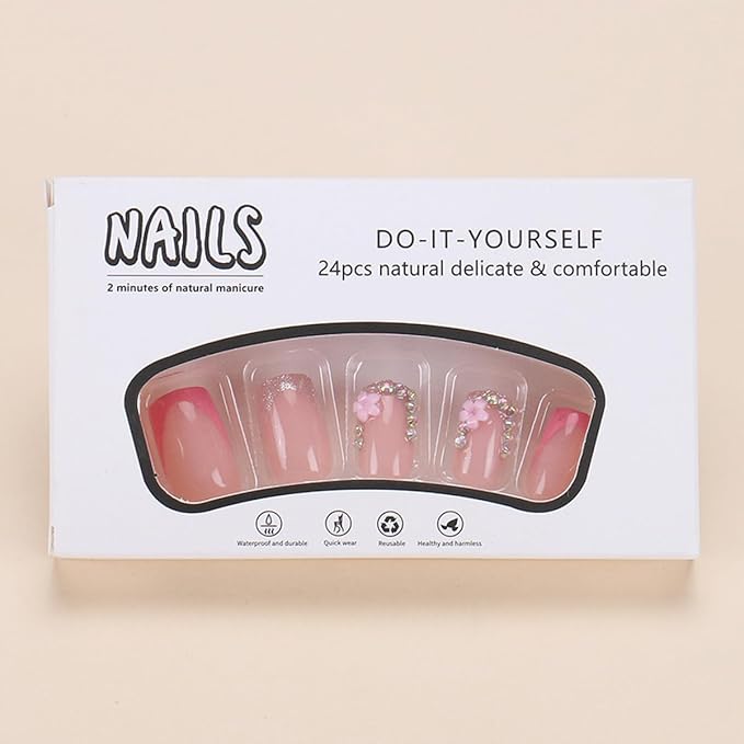 24Pcs Pink Flower Press on Nails Short Square French Tip Fake Nails Colour Rhinestones Design Luxury Shiny False Nails Nude Full Cover Artificial Glue on Nails Spring Nail Supplies for Women DIY Kit