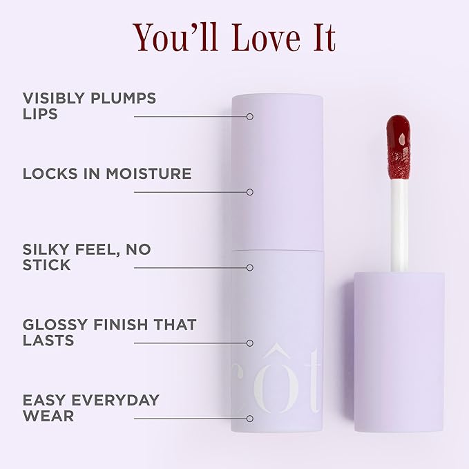 Côte Beauty's Tempted Peptide Lip Shine, Ultra Hydrating & Long-Lasting Warm Berry Plumping Lip Gloss for Women with Hyaluronic Acid, Shea Butter & Jojoba Oil, Vegan & Cruelty-Free, 0.12 Fl Oz