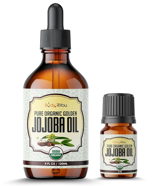 BodyJ4You Organic Jojoba Oil for Skin - USDA Organic 100% Pure Natural - Face Skin Gua Sha Facial Dermaplaning Hair Scalp Massage - Unrefined Cold Pressed Hexane Free - Base Carrier Wax - 4.22 Fl Oz