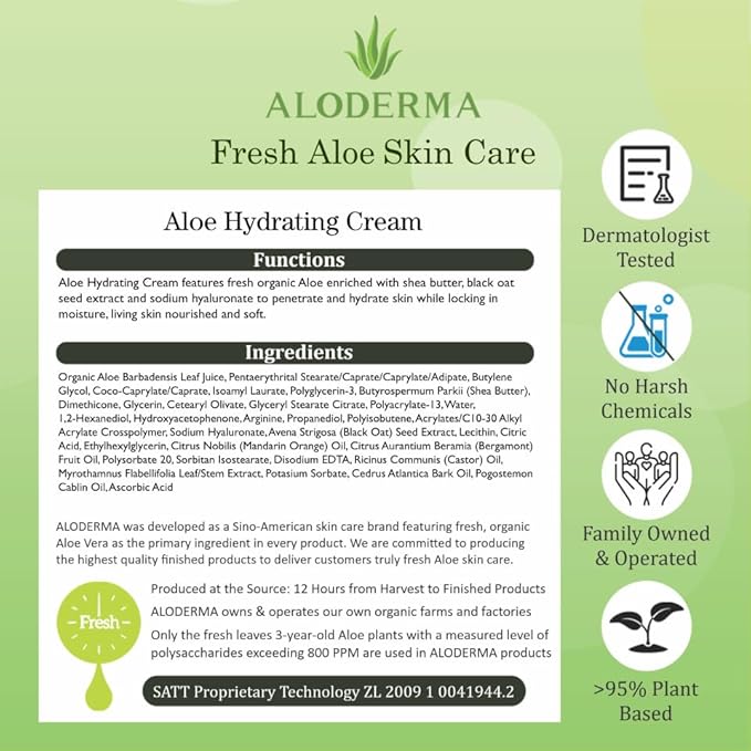 Aloderma Hydrating Face Cream for Dry Skin Made with 70% Organic Aloe Vera - Natural Hydration with Hyaluronic Acid & Arginine - Nourishing Aloe Vera Face Cream - Moisturizing Dry Skin Cream, 1.7oz