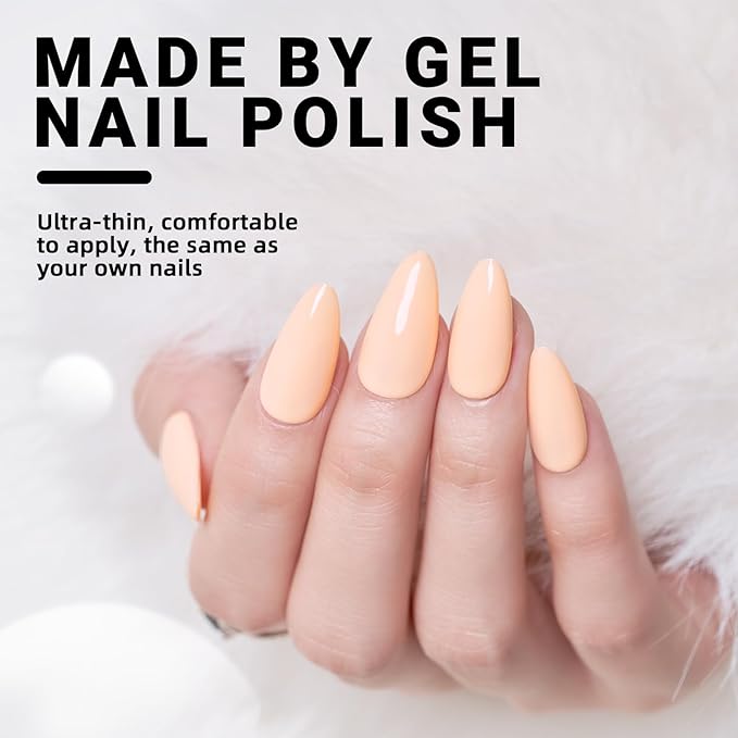 Wooyas Press on Nails Almond，Reusable Handmade Gel Fake Nails Medium Glossy，Lightweight Natural Fake Nail in 12 Sizes - 24 Pcs Soft Gel Glue On Nails Kit，Light Peach Color