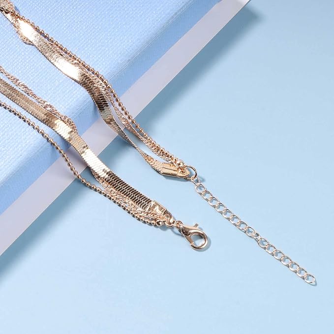 Punk Layered Chain Necklace Gold Flat Snake Chain Necklace Choker Vintage Herringbone Necklace Stacking Chunky Necklace Chain Jewelry for Women and Girls Gift