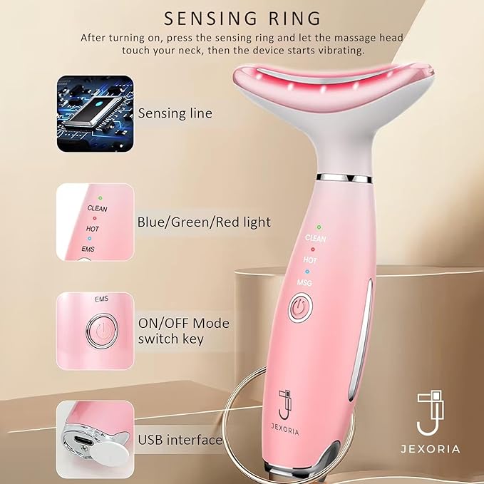 7 Color LED Light Therapy with Heat & Vibration - Women's Face & Neck Massager - Skin Firming Tool - Facial Tightening and Jawline Care
