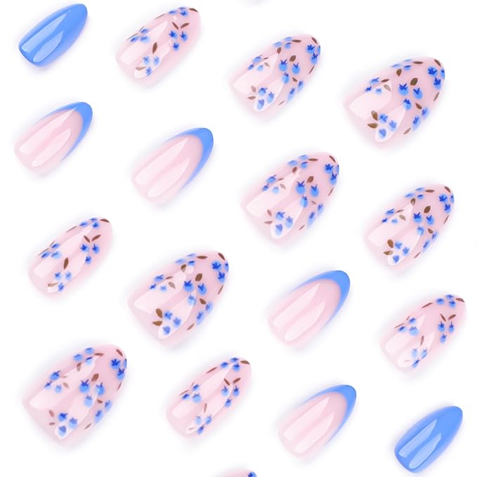 Press On Nails Spring Summer Acrylic Nails for Women - Blue Flower Designer Fake Nails Short Almond 24PCS, Blueberry Gel with Glue, Outdoor Picnic/Wedding/Party Reusable Stick On Nails Gift