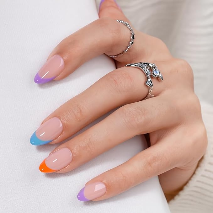 French Tip Press on Nails, Short Press on Nails Almond Reusable Glossy Soft Gel False Nails Press ons for Women, 16 Sizes 32 Count Nails Kit with Glue (SV-01)