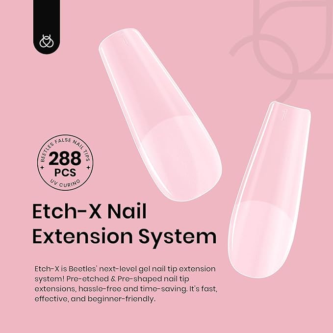 Beetles Gel Nail Tips Etch-X, Square Medium, 288Pcs 12 Sizes, Pre-Etched Half Matte Soft Acrylic False Nail Tips Full Cover Easy DIY Fake Press On Fall Nail Extension Salon Gift for Women
