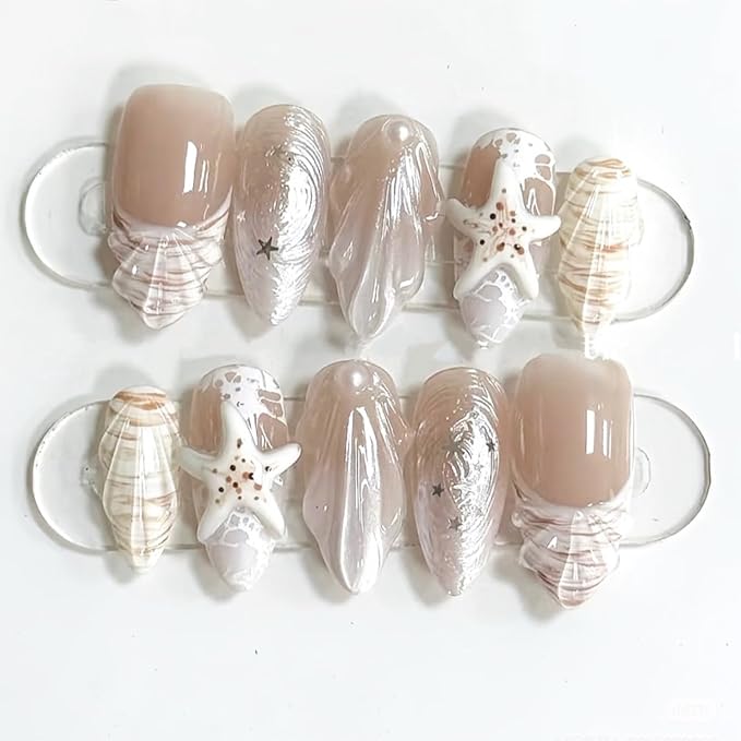 30 Pcs White French Tip Press on Nails Medium Almond Fake Nails with 3D Starfish Seashell Designs Reusable Summer Beach Acrylic Nails White Ocean False Nail Tips Pearl Stick on Nails for Women