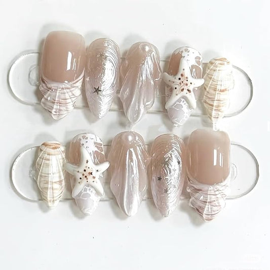 30 Pcs White French Tip Press on Nails Medium Almond Fake Nails with 3D Starfish Seashell Designs Reusable Summer Beach Acrylic Nails White Ocean False Nail Tips Pearl Stick on Nails for Women