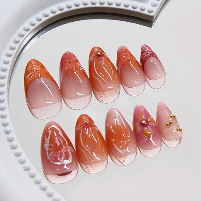 24Pcs Red Flower Press on Nails Medium Almond French Tip Fake Nails with 3D Gilding Rhinestones Design Spring Summer False Nails Full Cover Artificial Glue on Nails Handmade Stick on Nail for Women