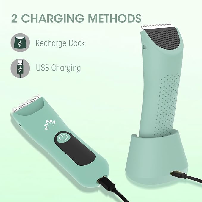 Lanumi Bikini Trimmer Women Rechargeable Body Hair Trimmer Electric Shaver Pubic Hair Grooming Kit with Charging Dock IPX7 Waterproof Wet/Dry Use (Green)