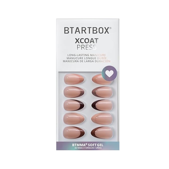 BTArtbox French Tip Press On Nails, Short Almond Supremely Fit & Natural Glue On Nails with Nail Glue, Reusable Stick On Nails in 16 Sizes - 32 Soft Gel Fake Nails Kit, Morning Coffee