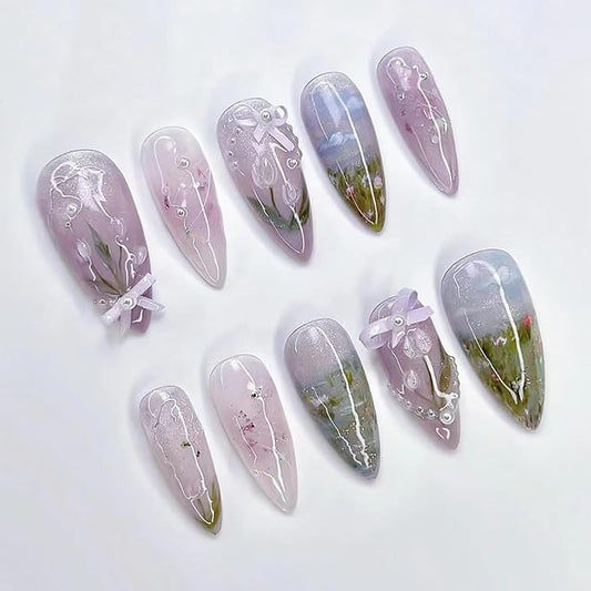 Flower Press on Nails Medium Almond Fake Nails Colorful Spring Floral False Nails with 3D Pearl Bow Designs Nude Pink Gradient Stick on Nails Full Cover Glossy Acrylic Glue on Nails for Women 24Pcs