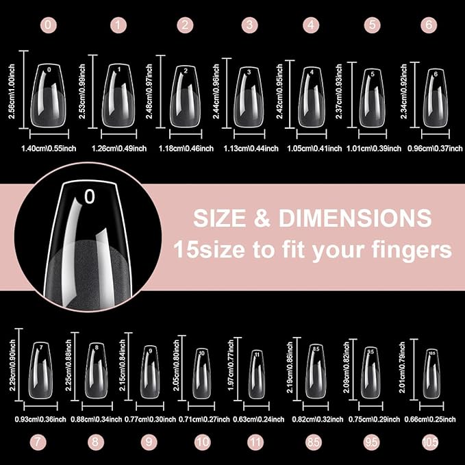 BlueZOO Gel Medium Coffin Etch X Nail Tips, 300Pcs 15 Sizes Acrylic Pre-Shaped Full Cover Clear False Nail Tip, Half Matte Press On Nails for Extension Nail Manicure Home DIY Salon Fake Nails with Box