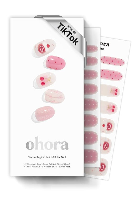 ohora Semi Cured Gel Nail Strips (N Sugar Rush) - Works with Any Nail Lamps, Salon-Quality, Long Lasting, Easy to Apply & Remove - Includes 2 Prep Pads, Nail File & Wooden Stick