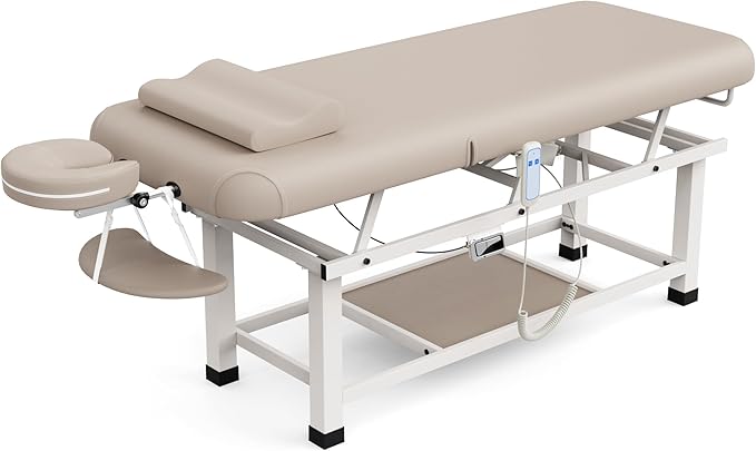 pouseayar Heavy Duty Electric Stationary Massage Table with Backrest Adjustable and Storage Space for Treatment/Medical Spa/Facial/Beauty/Massage Bed and More - 30 x 75 - Beige Gray