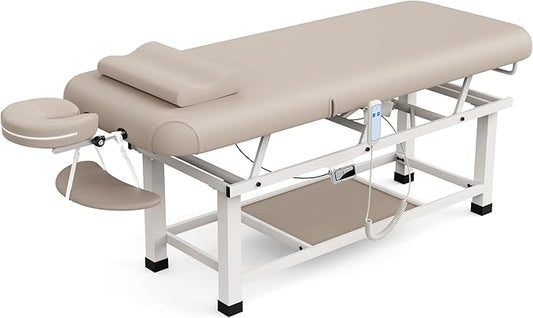 pouseayar Heavy Duty Electric Stationary Massage Table with Backrest Adjustable and Storage Space for Treatment/Medical Spa/Facial/Beauty/Massage Bed and More - 30 x 75 - Beige Gray