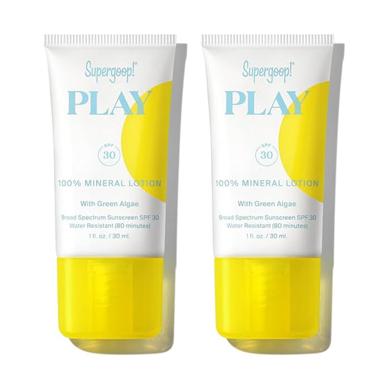 Supergoop! PLAY 100% Mineral Lotion - 1 fl oz, Pack of 2 - Broad Spectrum SPF 30 Sunscreen for Face & Body - Lightweight, Fast Absorbing, Water Resistant - With Green Algae