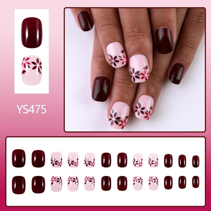 Short Press on Nails Spring Flower Fake Nails Square Shape Full Cover False Nails with Floral Designs Cute Glue on Nails Reusable Stick on Nails Summer Artificial Nails for Women Girls 24Pcs