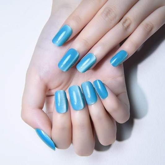 Cat Eye Aqua Blue Press On Nails Medium Long Length Square, Designer Reusable Acrylic Fake Nail with Glue, Glossy Gel Nails Wedding Party, Stick On Glue On Nail, Nails Press Ons for Women