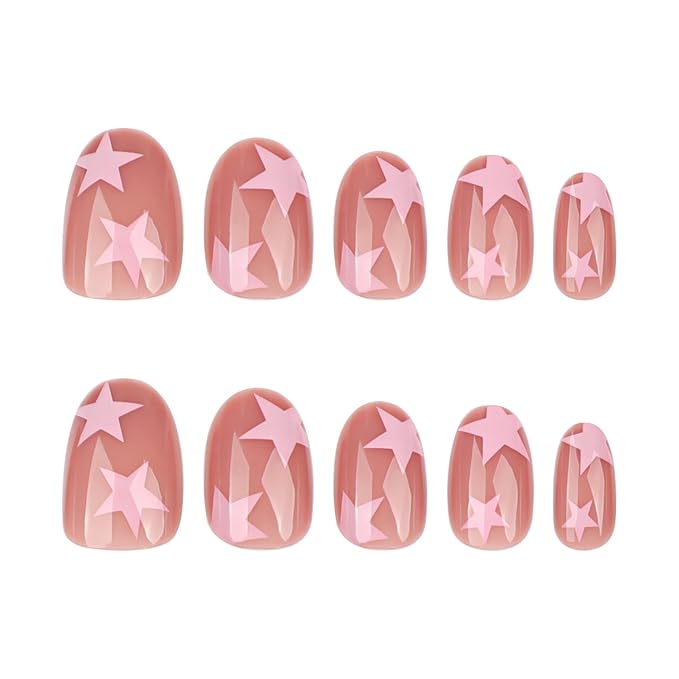Press On Nails Spring Acrylic Nails for Women - Pink Star French Designer Fake Nails Short Almond 24PCS, Glossy Soft Gel with Glue, Outdoor Picnic/Wedding/Party Reusable Stick On Nails Gift