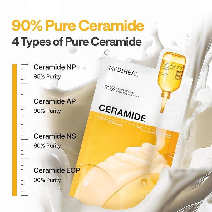 Mediheal Ceramide Essential Sheet Mask Moisture Barrier 10 pcs. 90% Ceramide & 4X Ceramide Liposome Technology for intense hydration and strengthening the barrier. Vegan formula