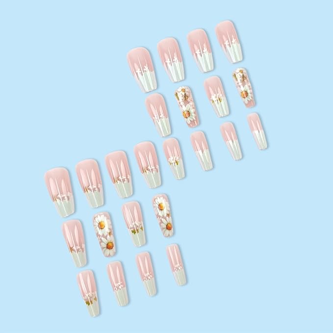 24Pcs Spring Flower Press on Nails Medium Coffin Acrylic False Nails Glossy Green French Tips Fake Nails Daisy Stick on Nails Chrysanthemum Gel Glue on Nails for Coquette Women Girls