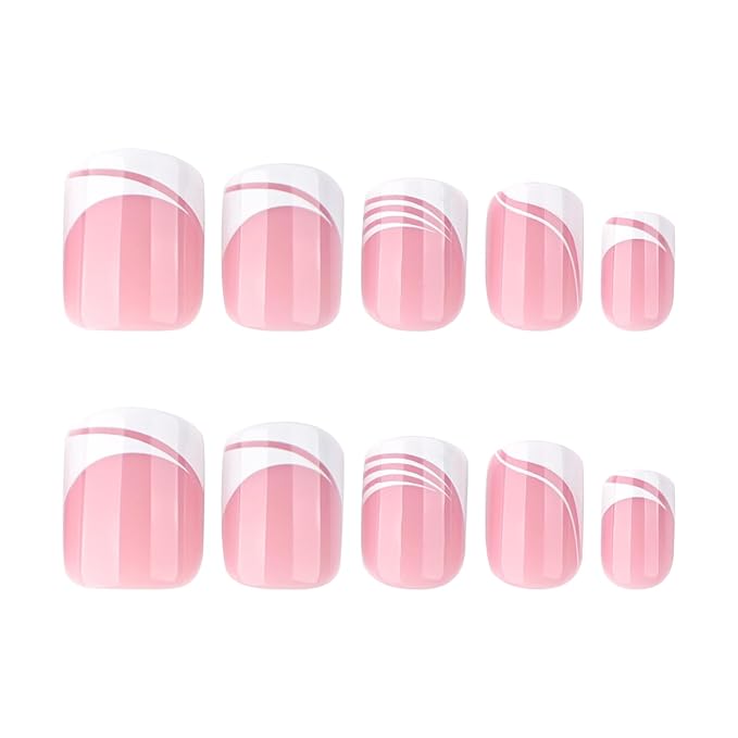 French Tip Press On Nails Summer Acrylic for Women - Designer Fake Nails Short Square 24PCS, Glossy Soft Gel with Glue, Outdoor Picnic/Wedding/Party Reusable Stick On Nails Gift