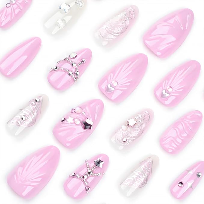 24Pcs Pink Press on Nails Medium Almond Fake Nails Silver Butterfly with Star Rhinestones Design Glitter Full Cover Artificial Glue on Nails Spring Summer False Nails Cute Stick on Nails for Women DIY