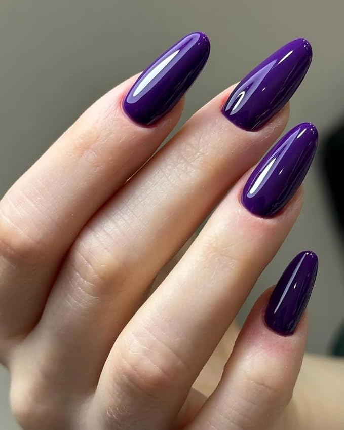 Wooyas Press on Nails Almond，Medium Glossy Handmade Gel Fake Nails Dark Purple Color，Reusable Lightweight Natural Salon Perfect Press on Nails in 12 Sizes - 24 Pcs Soft Gel Glue On Nails Kit