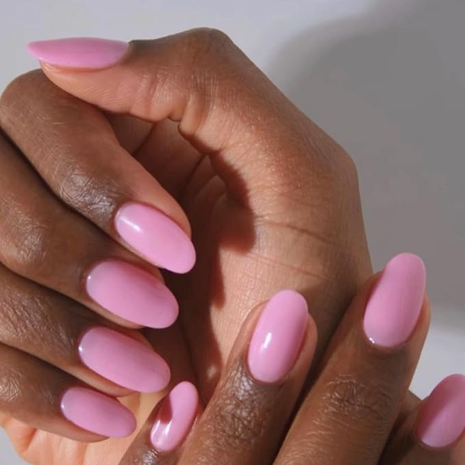 modelones Short Press on Nails, Oval Fake Nails Kit Press Ons with Nail Glue, Adhesive Tabs, Nail File, Prep Pad, Manicure Stick, Pink, 32Pcs 16 Sizes, Christmas