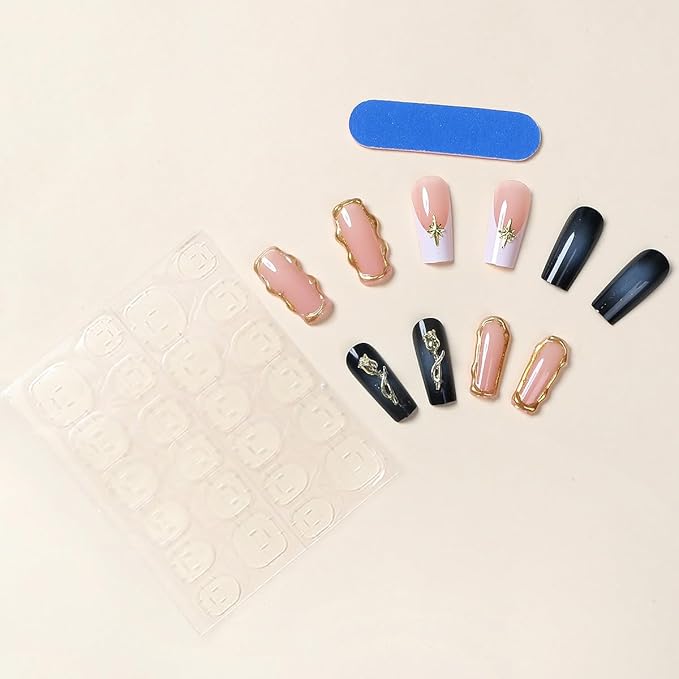 24Pcs Gold Gilding Press on Nails Medium Square French Tip Fake Nails with Glitter Star Rose Design Exquisite 3D Flower False Nails Full Cover Artificial Glue on Nails Spring Stick on Nails for Women