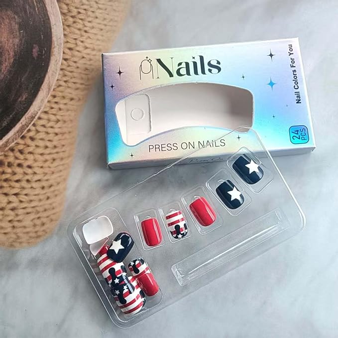 24Pcs Independence Day Press on Nails Short 4th of July Fake Nails American Flag Design Patriotic Glue on Nails Artificial Star False Nails Square Acrylic Nails Holiday Stick on Nails for Women Girls