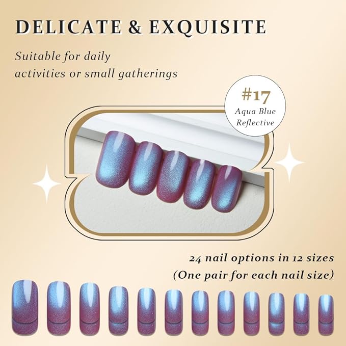 Aqua Blue Reflective Cat Eye Press on Nails Medium Square, Medium Square Press Glue on Nails Chrome for Women, Blue Holographic Glitter Glossy Reusable Gel Acrylic Fake Nail with Designs Cateye Effect