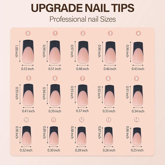 150Pcs Black French Gel Nail Tips, Vansiho Long Square Nail Tips, Pre-French Tips Press on Nails Brown, Fake Nails for Nail Art DIY 15 Sizes