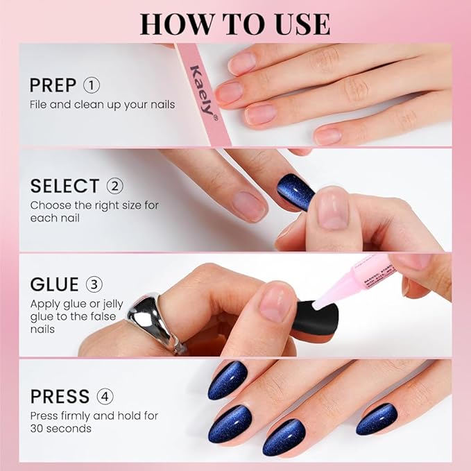 evpct Dark Blue Press on Nails Almond Short, Royal Blue Cat Eye Glitter Press on Nails for Women Gift, Soft Gel Press Glue On Nail with Nail Glue, Full Cover, 30Pcs Reusable Acrylic Fake Nails Kit
