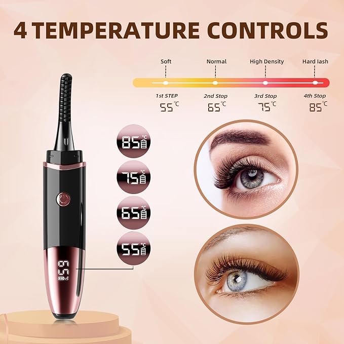 Heated Eyelash Curler, Fast Heat up Within 10s, 24 Hours Long Lasting, Rechargeable Electric Eyelash Curler, Temperature Control, Mini Lash Curler Safe Anti-Burn Eyelash Curle, with LED Display-Black