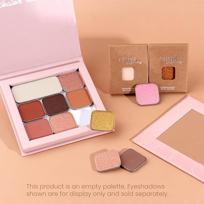 Pink Magnetic Refillable Makeup Palette with Mirror – Lightweight, Durable, Travel-Ready Case for Eyeshadow, Blush, Lipstick – Includes Spatula & 20 Stickers – Small, Waterproof Paperboard