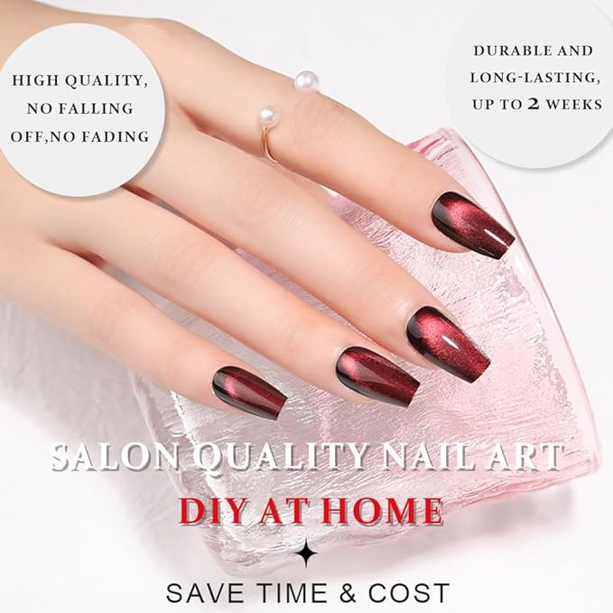 evpct Deep Burgundy Red Cat Eye Press on Nails Square Medium Coffin, Medium Square Glue on Nails for Women Gift, Dark Red Metallic Glitter Glossy Reusable Spring Summer Gel Press on Acrylic Fake Nail