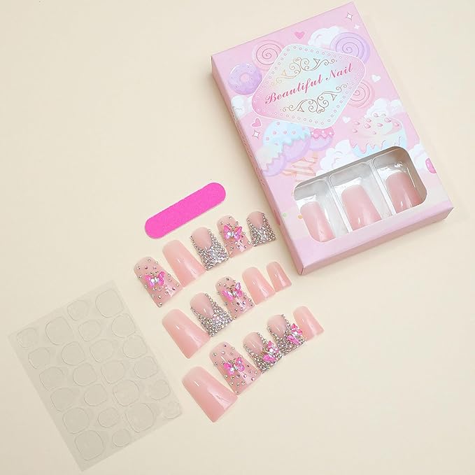 Duck Press on Nails Medium Fake Nails with Butterfly Rhinestones Designs French Tip Nails Press ons Glossy Glue on Nails Pink Acrylic Nails Artificial Stick on Nails for Women 24Pcs