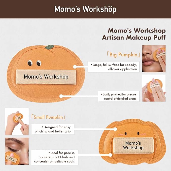 Momo’s Workshop Pumpkin Makeup Sponge Set (3pcs) - Large & Small Cushion Puffs for Halloween Themed,Rubycell Material for Flawless Foundation Application, Travel-Friendly & Storage Case