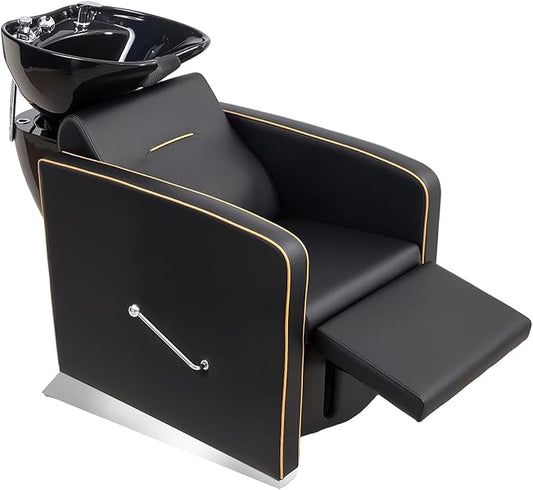 OmySalon Backwash Shampoo Unit for Salon, Hair Washing Station with Ceramic Bowl Adjustable Footrest, Reclining Shampoo Chair for Beauty Spa Barbershop