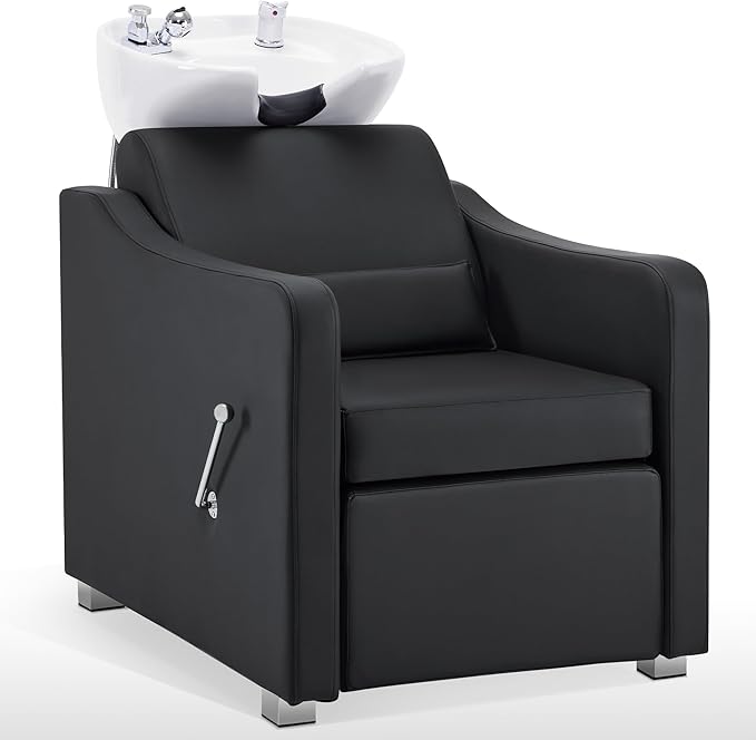 BarberPub Backwash Shampoo Station Chair, Adjustable Porcelain Ceramic Hair Wash Bowl with Chair, Shampoo Station for Barber Shop, Spa Beauty Salon Equipment 9364 (Black)