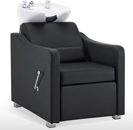 BarberPub Backwash Shampoo Station Chair, Adjustable Porcelain Ceramic Hair Wash Bowl with Chair, Shampoo Station for Barber Shop, Spa Beauty Salon Equipment 9364 (Black)